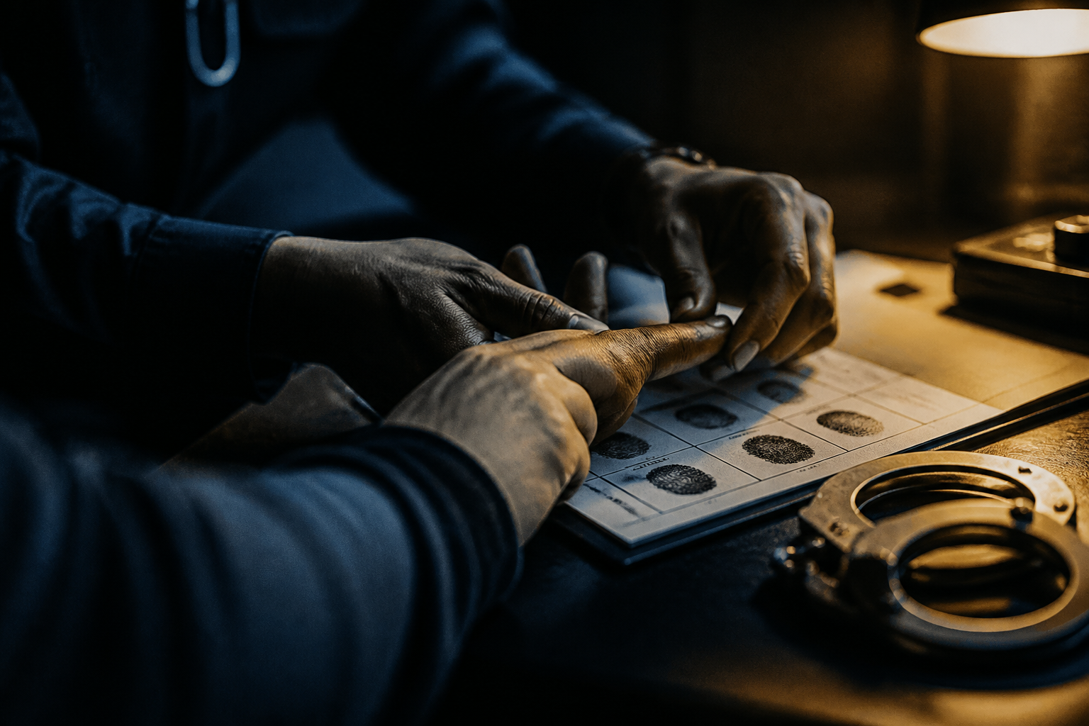 Hands being fingerprinted at a booking desk under warm light