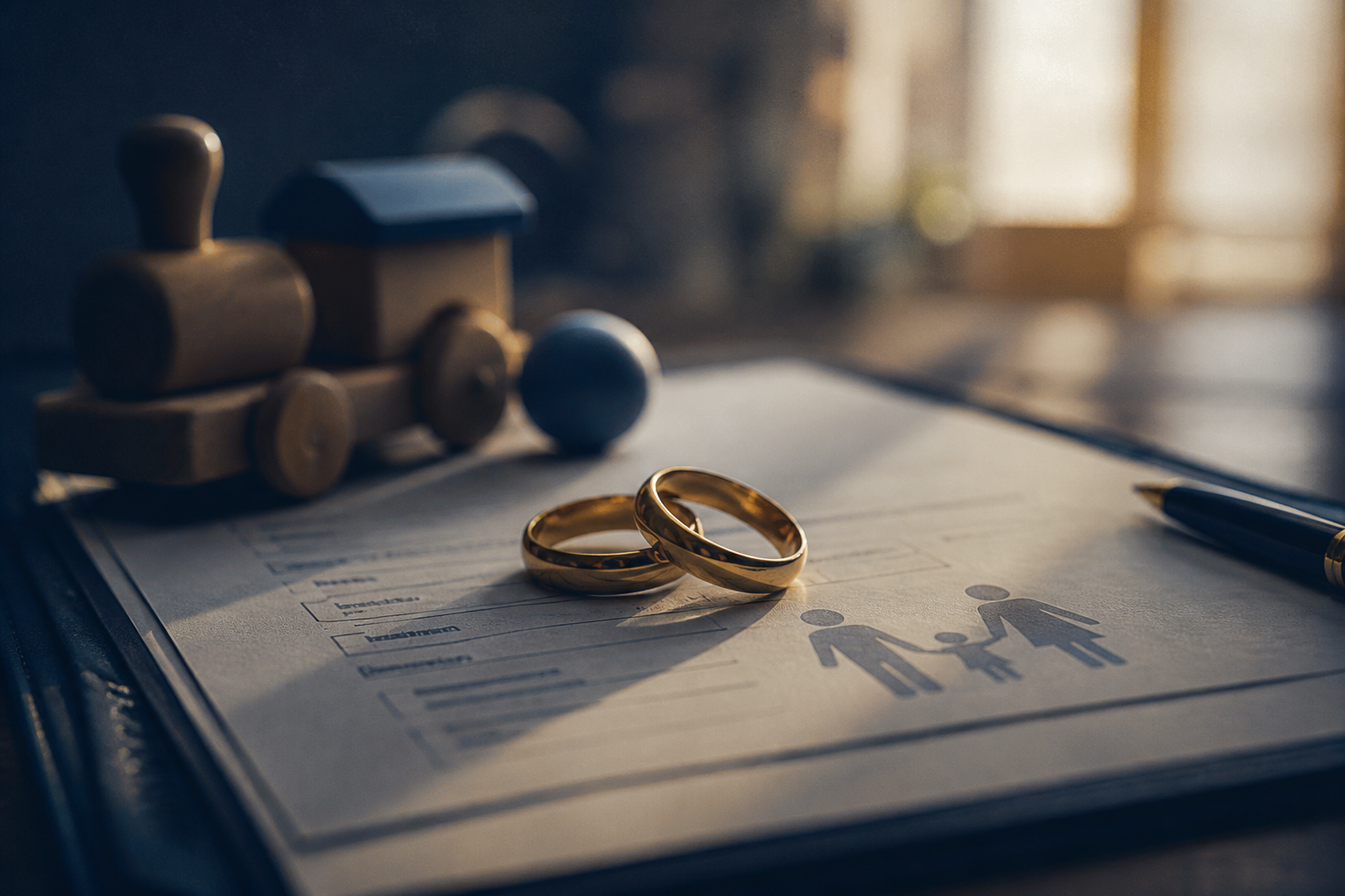 Wedding rings resting on a family law document beside a child’s toy