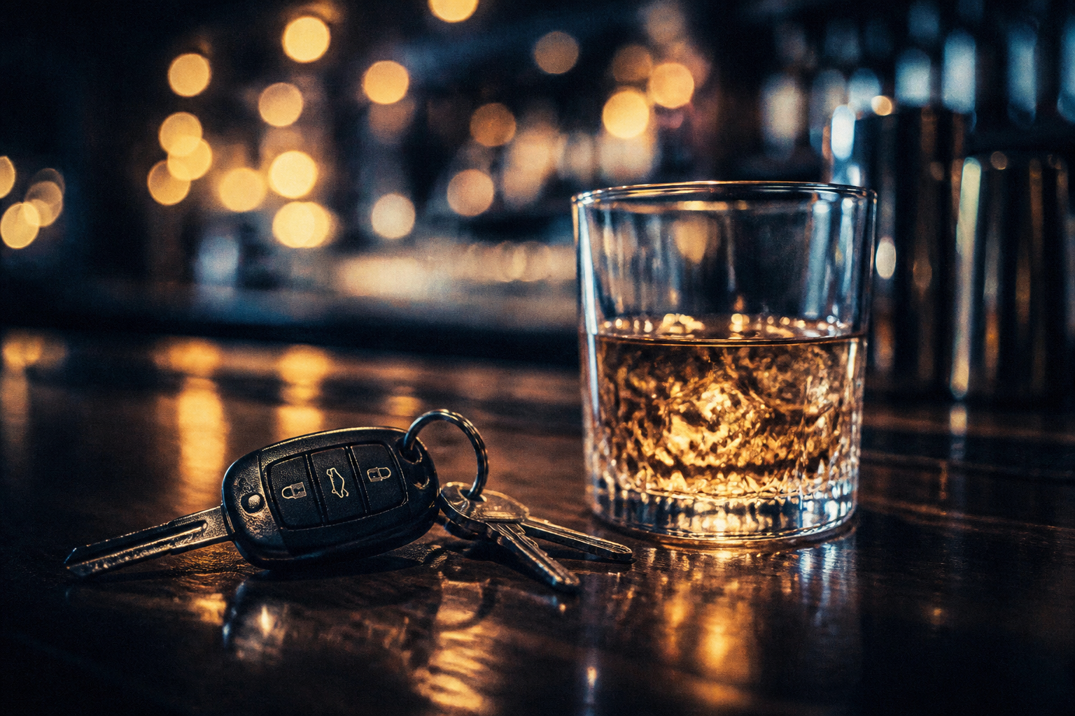 Car keys beside a glass of whiskey on a bar at night