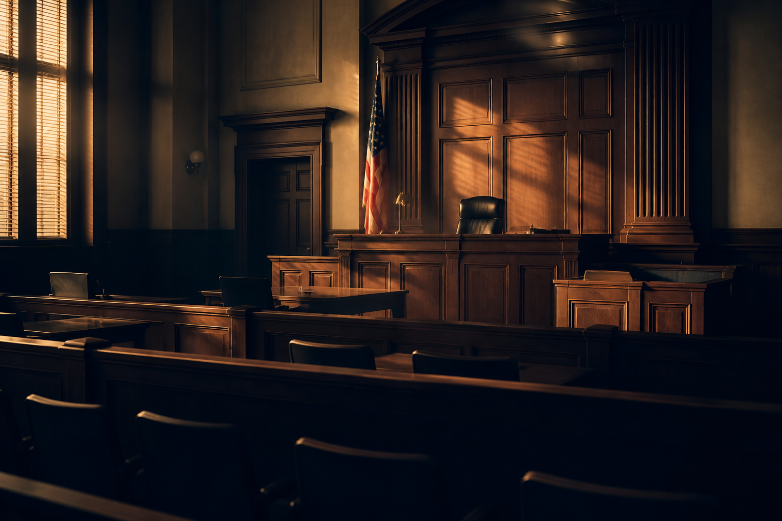A quiet, empty courtroom lit by warm afternoon light