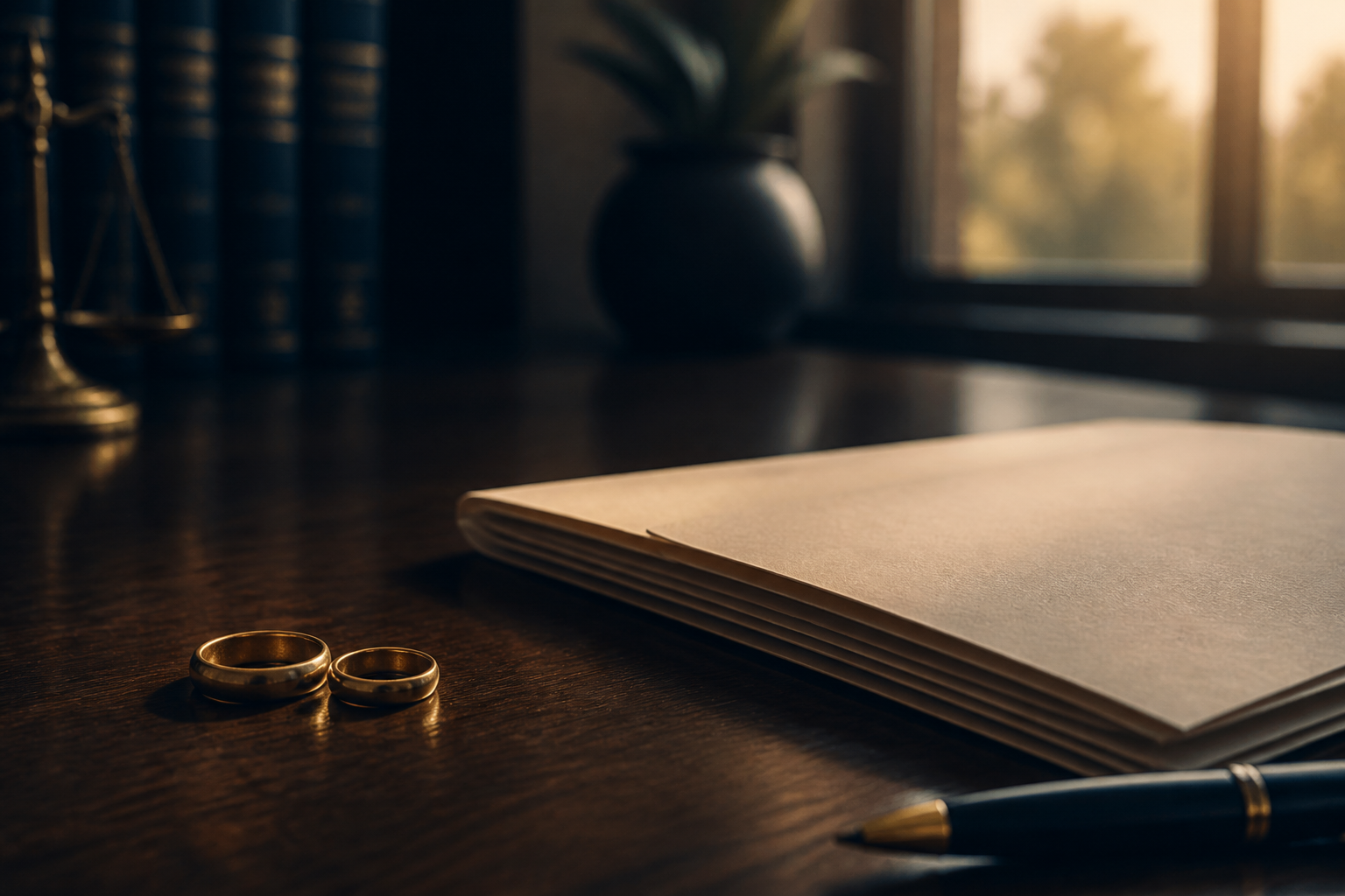 Wedding rings and legal documents on a desk in soft morning light