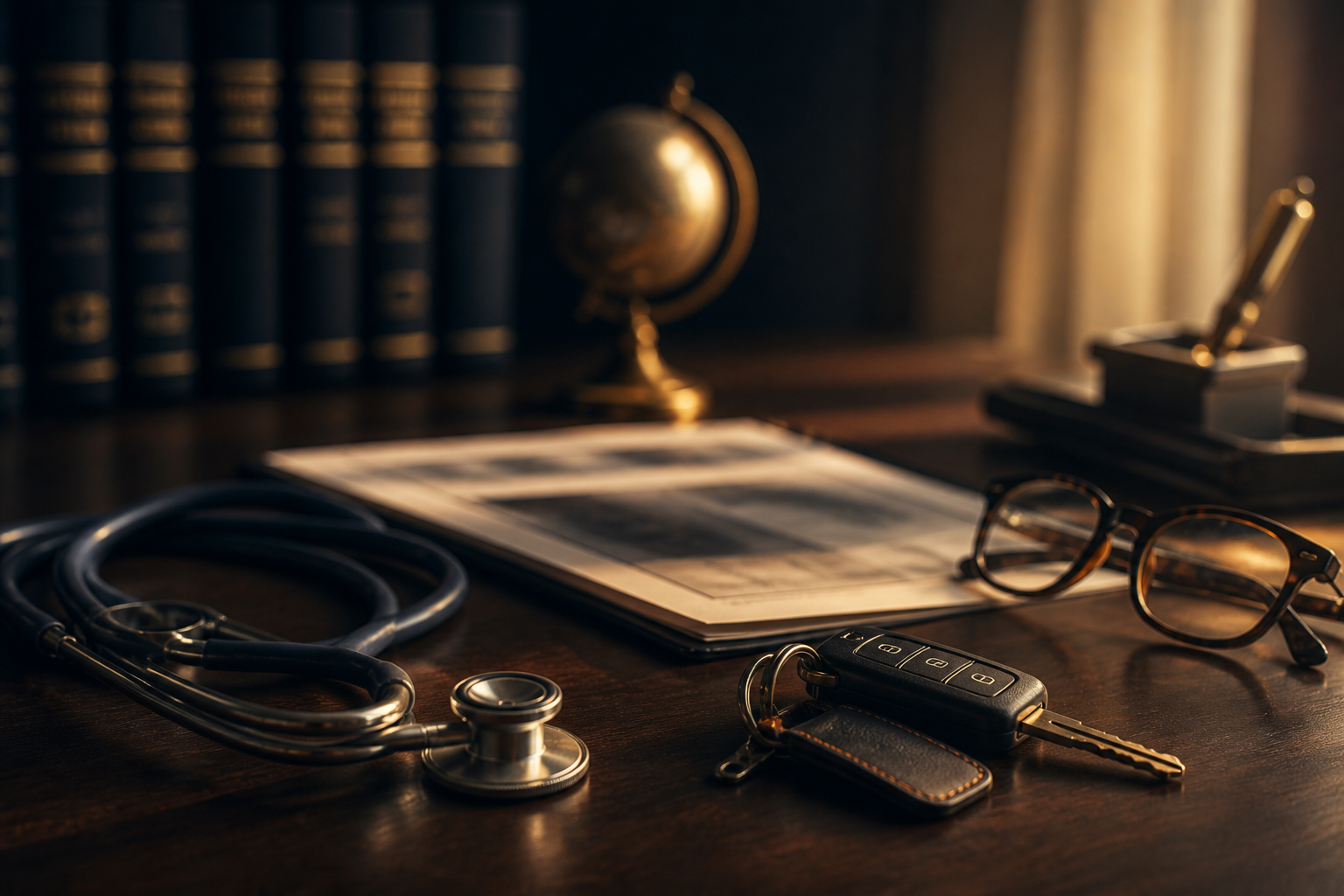 A stethoscope, medical report, and car keys on a desk in warm light