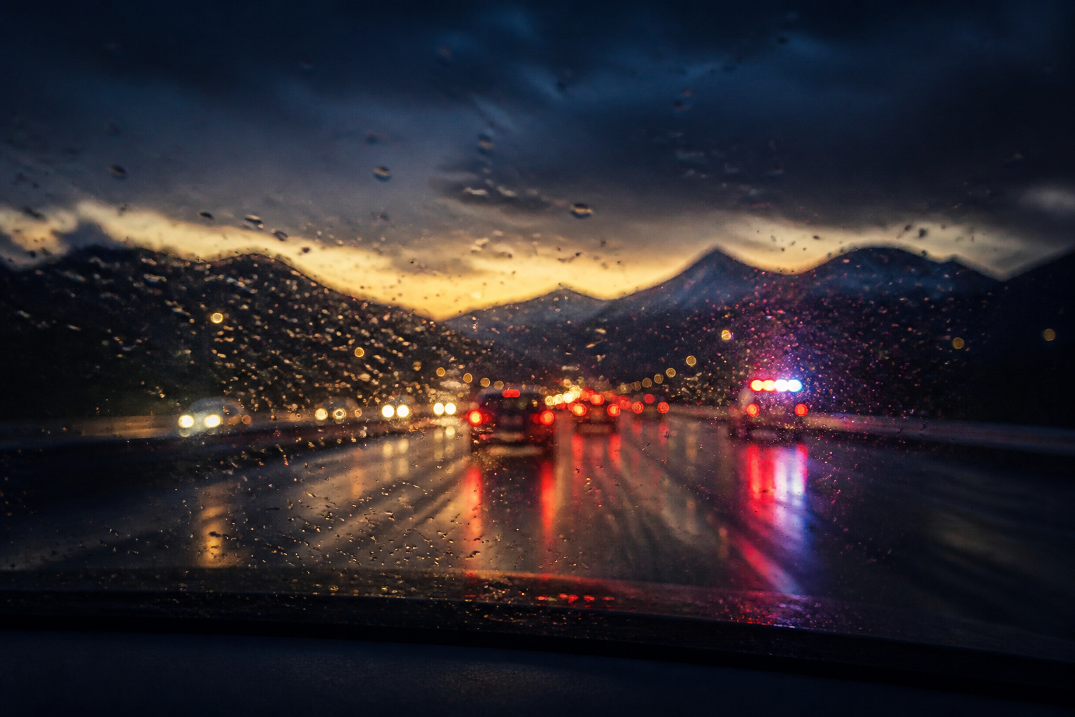 A rain-streaked windshield on a Colorado highway at dusk
